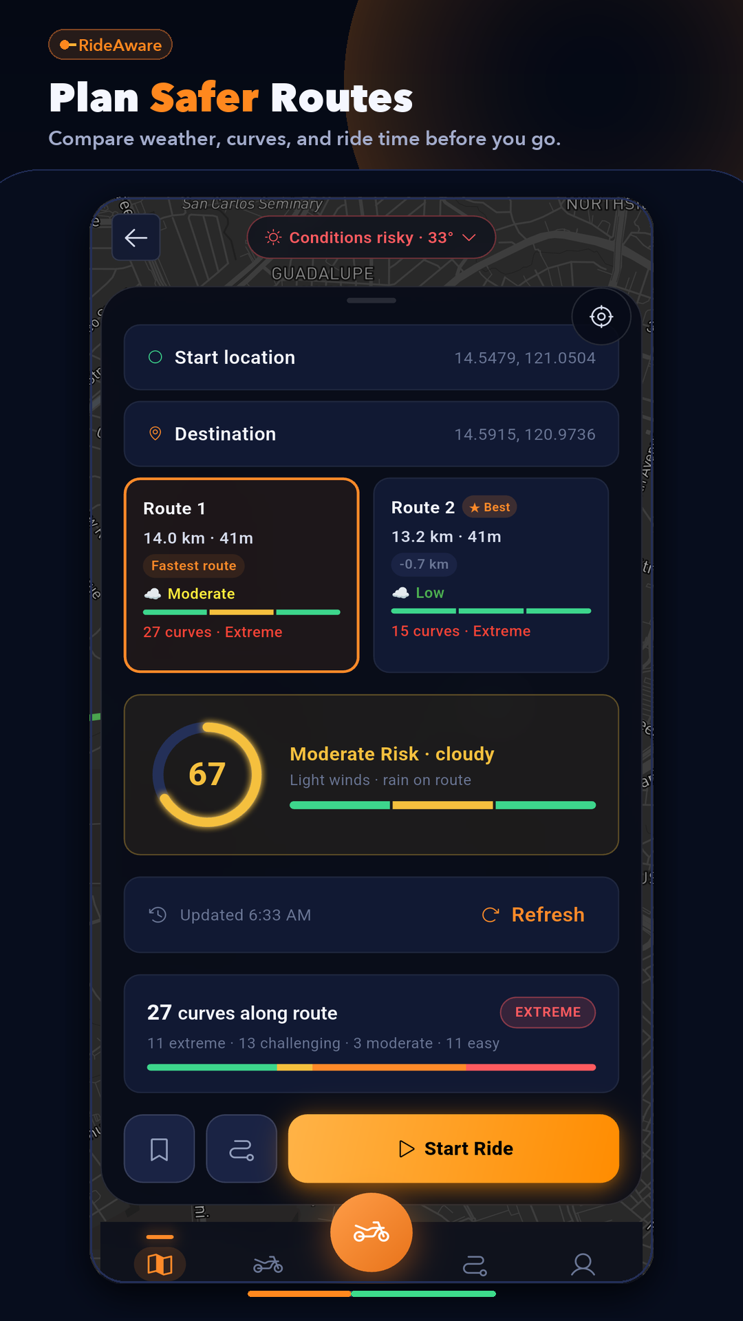 RideAware route planning screen.