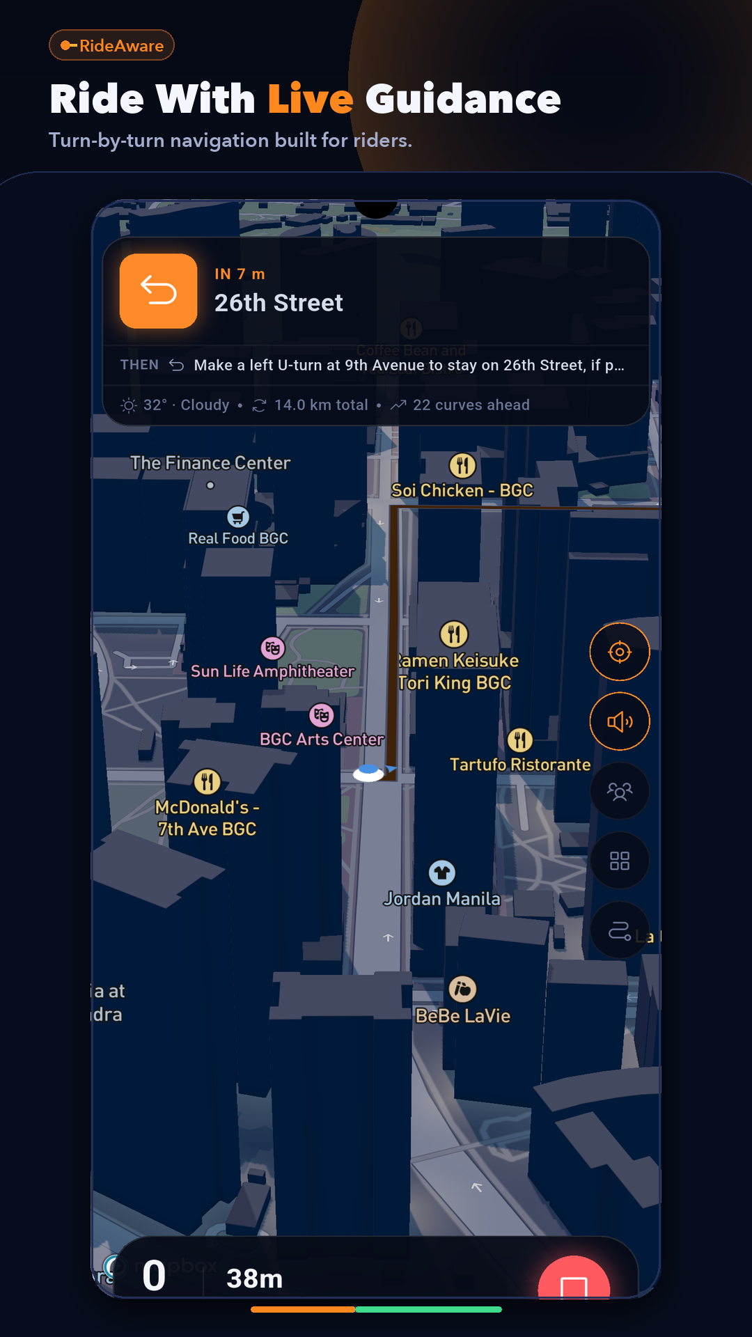 RideAware active ride navigation screen.
