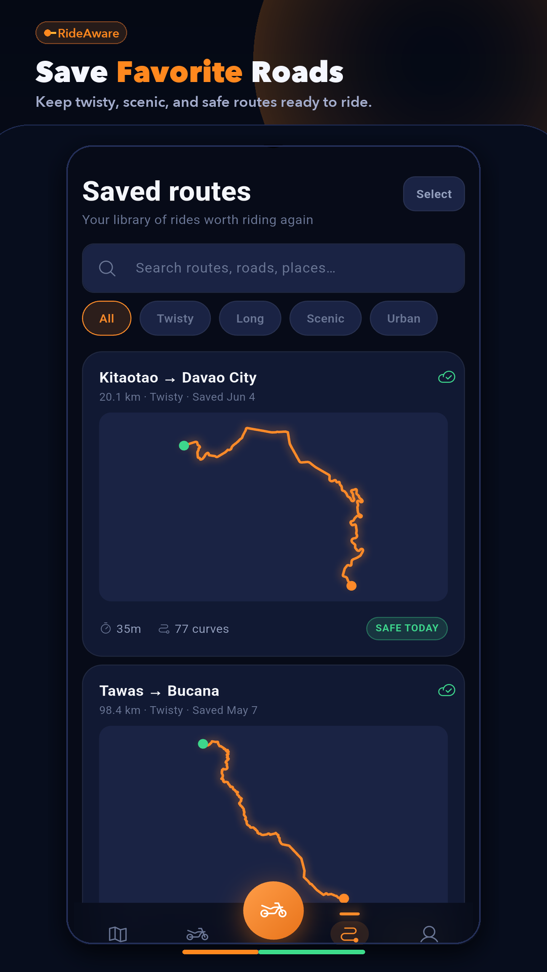 RideAware saved routes list.
